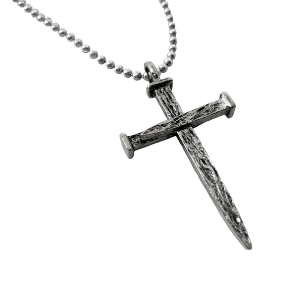 Nail Cross Large Rugged Antique Silver Finish Pendant Ball Chain Necklace