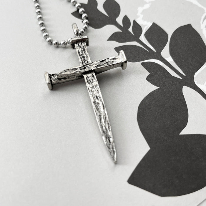 Nail Cross Large Rugged Antique Silver Finish Pendant Ball Chain Necklace