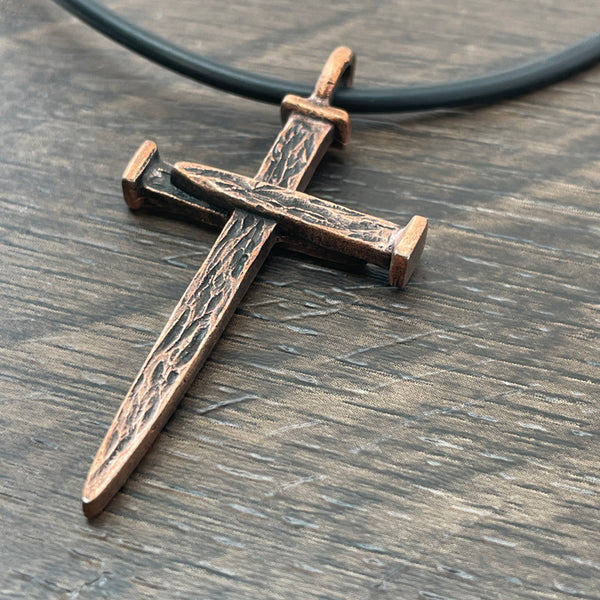 Nail Cross Large Rugged Antique Copper Finish Pendant Black Rubber Necklace