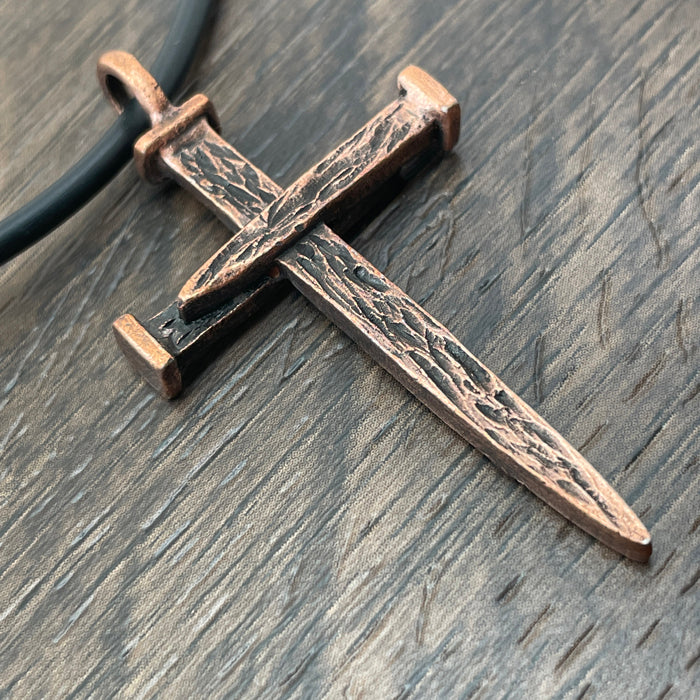 Nail Cross Large Rugged Antique Copper Finish Pendant Black Cord Necklace