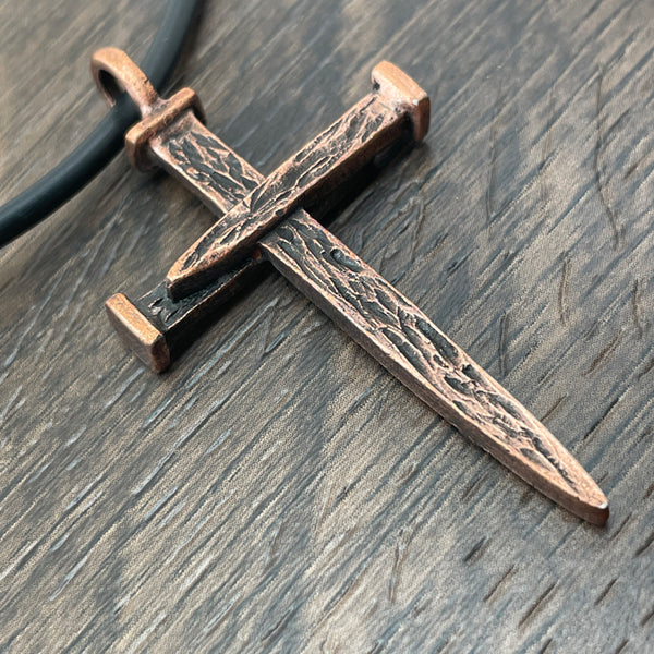 Nail Cross Large Rugged Antique Copper Finish Pendant Black Rubber Necklace
