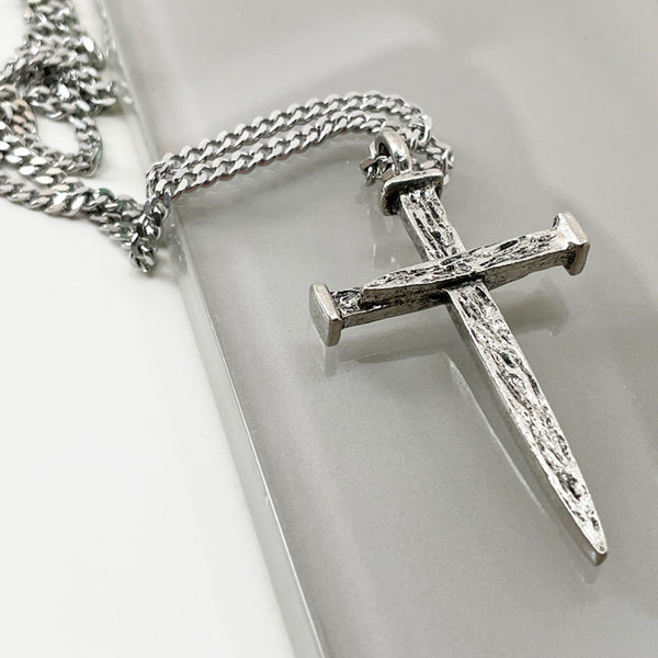 Nail Cross Large Rugged Antique Silver Finish Pendant Chain Necklace