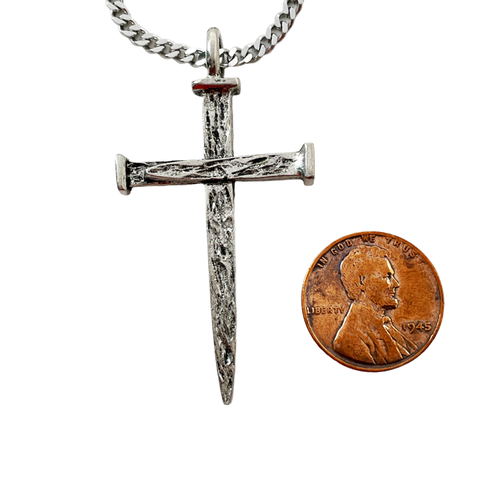Nail Cross Large Rugged Antique Silver Finish Pendant Chain Necklace
