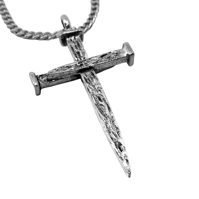 Nail Cross Large Rugged Antique Silver Finish Pendant Chain Necklace