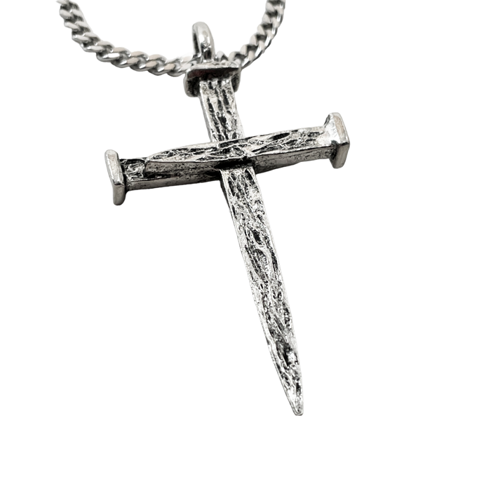 Nail Cross Large Rugged Antique Silver Finish Pendant Chain Necklace
