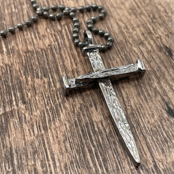 Nail Cross Large Rugged Dark Metal Finish Pendant Ball Chain With Gunmetal Finish Necklace