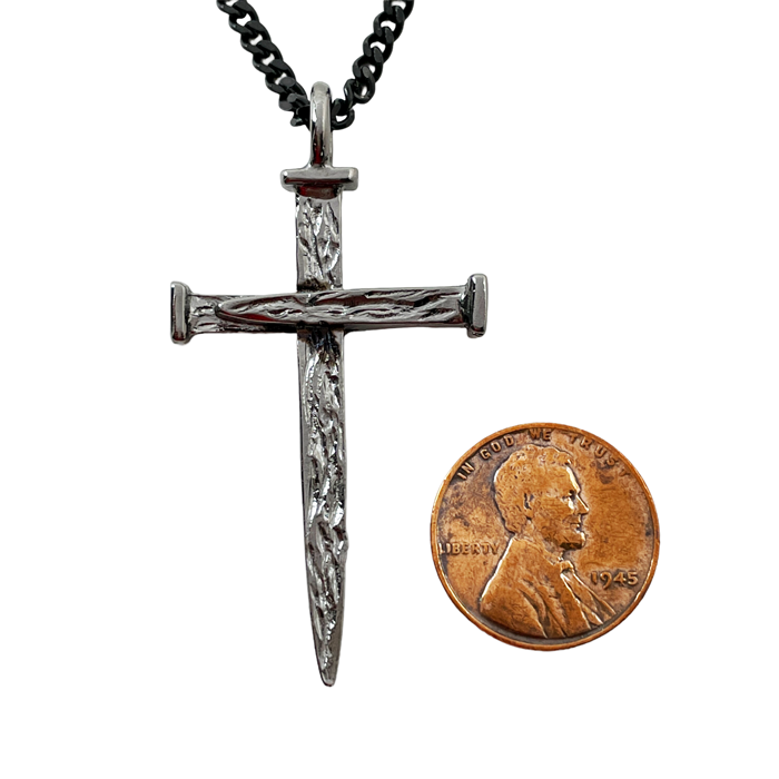 Nail Cross Large Rugged Dark Finish Pendant Dark Chain Necklace
