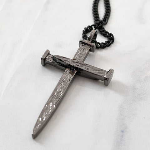 Nail Cross Large Rugged Dark Finish Pendant Dark Chain Necklace