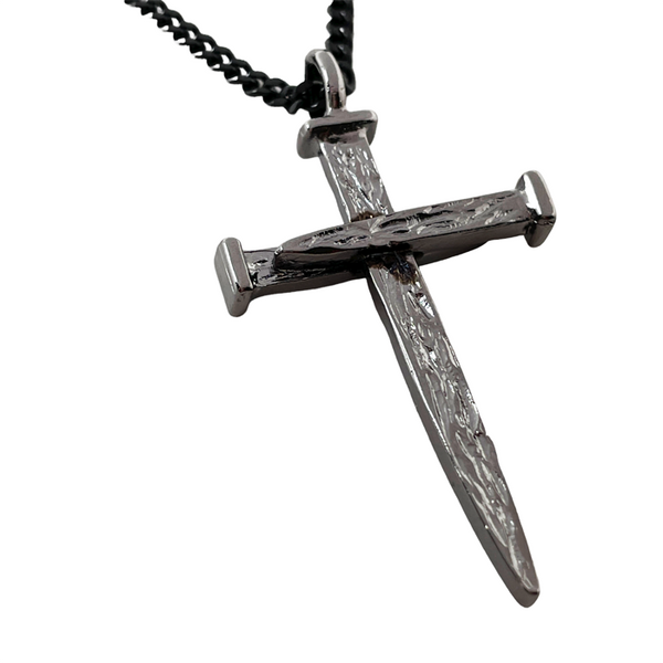 Nail Cross Large Rugged Dark Finish Pendant Dark Chain Necklace