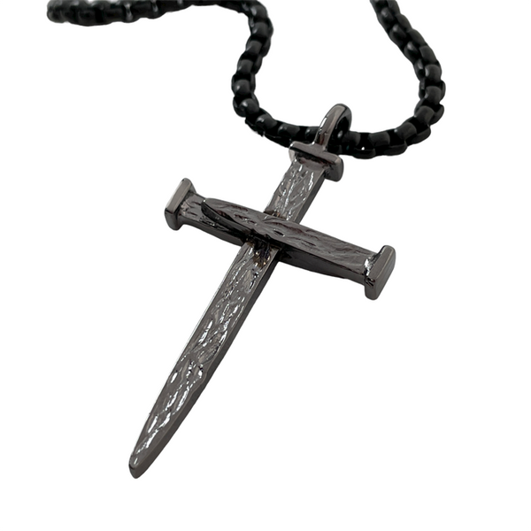 Nail Cross Large Rugged Dark Finish Pendant Dark Heavy Chain Necklace