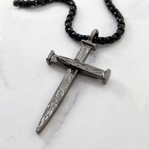 Nail Cross Large Rugged Dark Finish Pendant Dark Heavy Chain Necklace