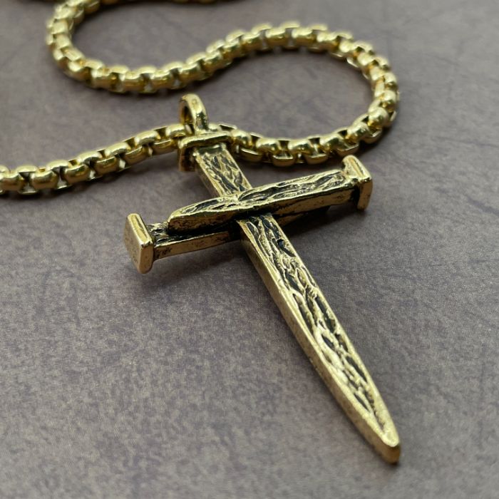 Nail Cross Large Rugged Gold Finish Heavy Chain Necklace