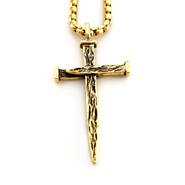 Nail Cross Large Rugged Gold Finish Heavy Chain Necklace