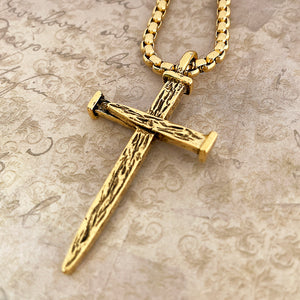 Nail Cross Large Rugged Gold Finish Heavy Chain Necklace