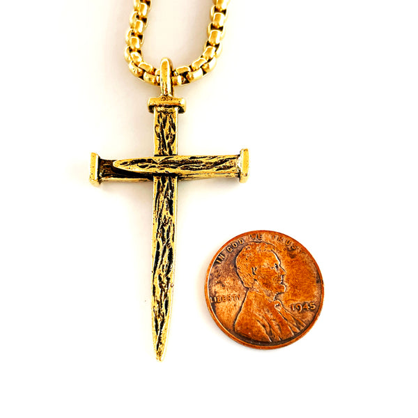 Nail Cross Large Rugged Gold Finish Heavy Chain Necklace