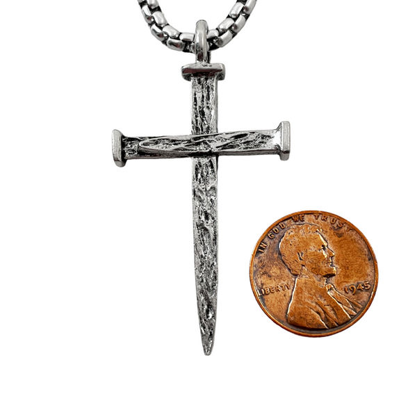 Nail Cross Large Rugged Antique Silver Finish Pendant Heavy Chain Necklace