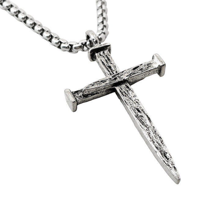 Nail Cross Large Rugged Antique Silver Finish Pendant Heavy Chain Necklace