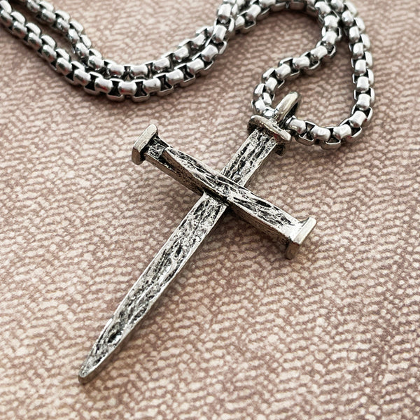 Nail Cross Large Rugged Antique Silver Finish Pendant Heavy Chain Necklace
