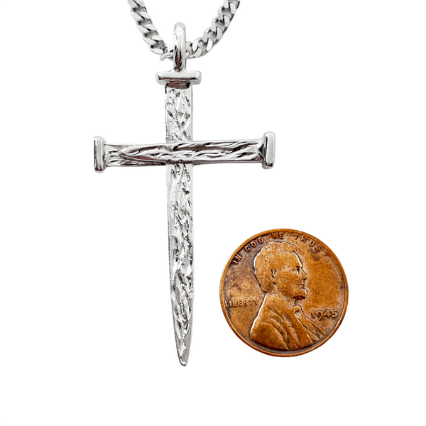 Nail Cross Large Rugged Rhodium Metal Finish Pendant Chain Necklace