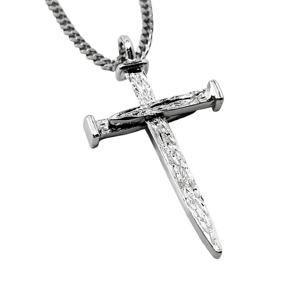 Nail Cross Large Rugged Rhodium Metal Finish Pendant Chain Necklace