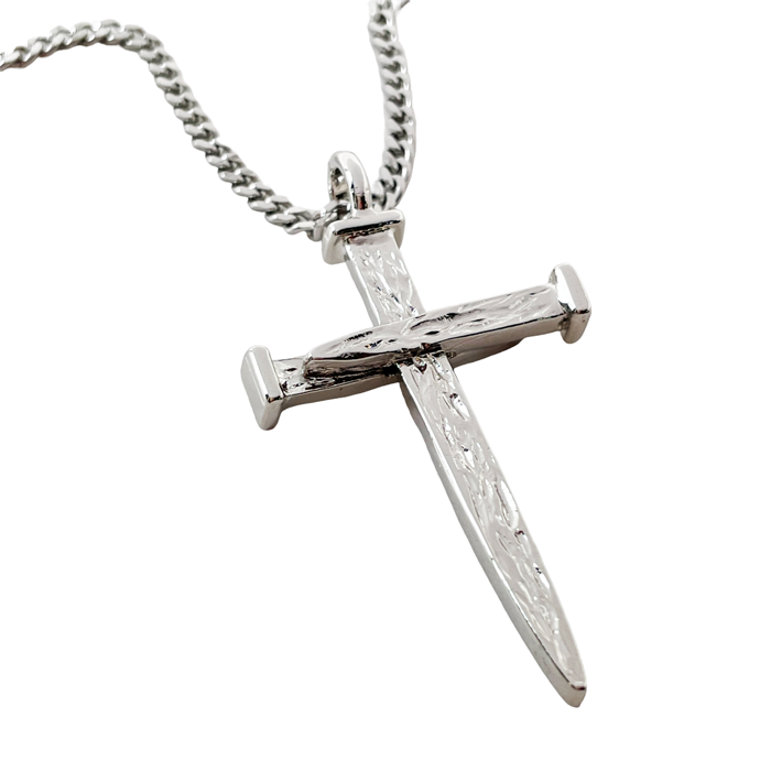 Nail Cross Large Rugged Rhodium Metal Finish Pendant Chain Necklace