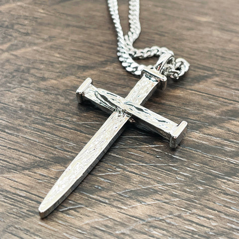 Nail Cross Large Rugged Rhodium Metal Finish Pendant Chain Necklace