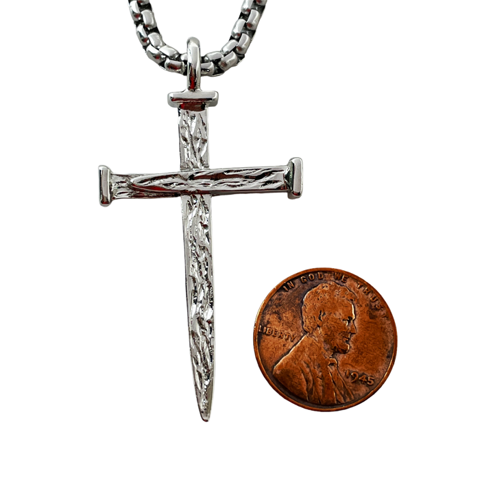Nail Cross Large Rugged Rhodium Metal Finish Pendant Heavy Chain Necklace