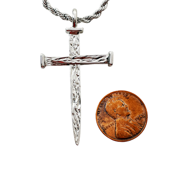 Nail Cross Large Rugged Rhodium Metal Finish Pendant Twisted Rope Chain Necklace