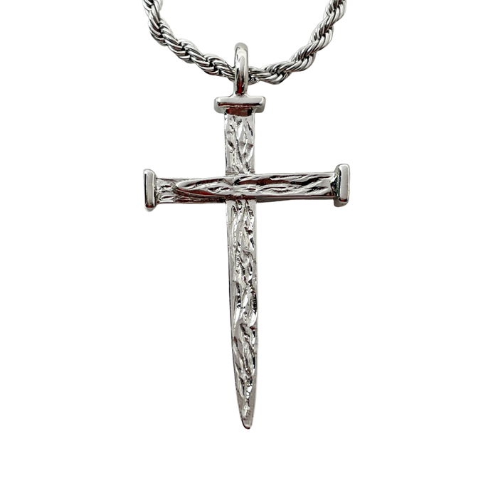 Nail Cross Large Rugged Rhodium Metal Finish Pendant Twisted Rope Chain Necklace