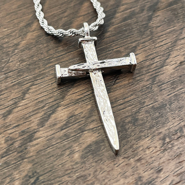 Nail Cross Large Rugged Rhodium Metal Finish Pendant Twisted Rope Chain Necklace