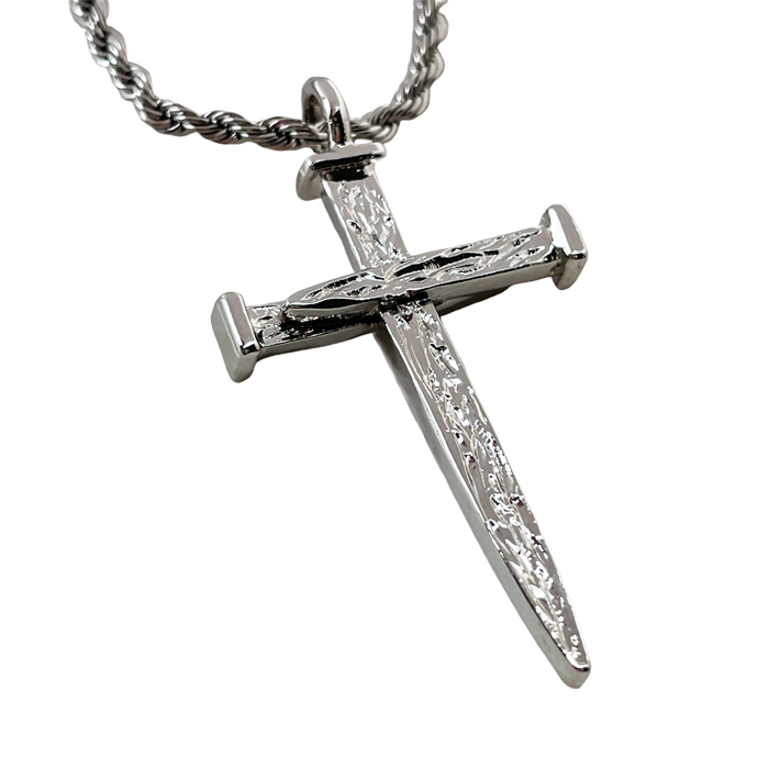 Nail Cross Large Rugged Rhodium Metal Finish Pendant Twisted Rope Chain Necklace