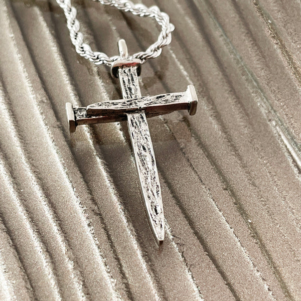 Nail Cross Large Rugged Antique Silver Finish Pendant Twisted Rope Chain Necklace