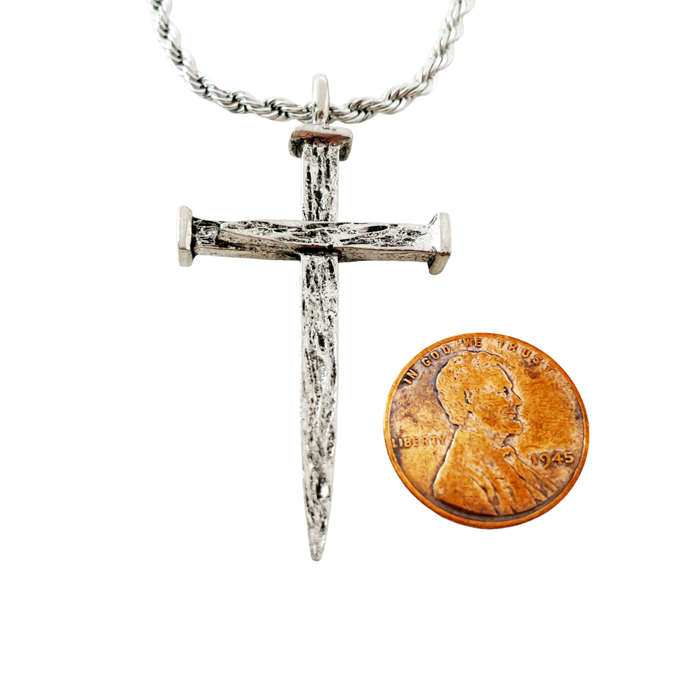 Nail Cross Large Rugged Antique Silver Finish Pendant Twisted Rope Chain Necklace