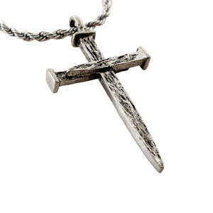 Nail Cross Large Rugged Antique Silver Finish Pendant Twisted Rope Chain Necklace