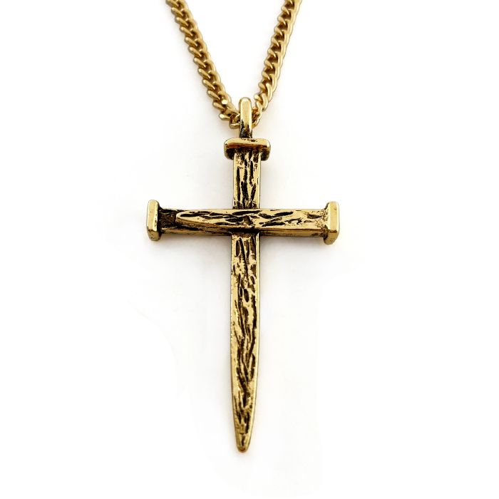 Nail Cross Large Rugged Gold Finish Curb Chain Necklace
