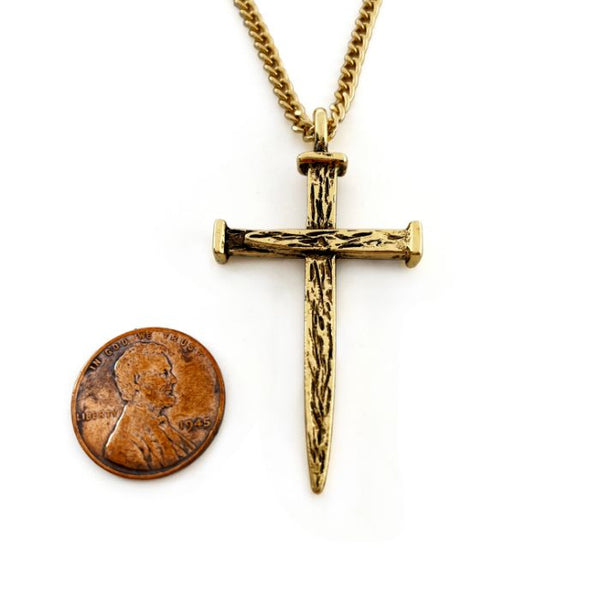 Nail Cross Large Rugged Gold Finish Curb Chain Necklace