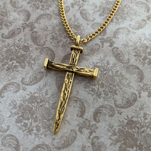 Nail Cross Large Rugged Gold Finish Curb Chain Necklace