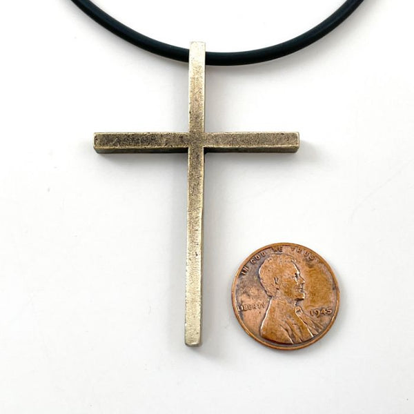 Cross Large Antique Brass Finish Pendant Black Cord Necklace