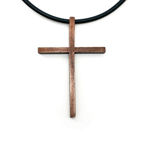 Cross Large Antique Copper Finish Pendant Black Rubber Necklace
