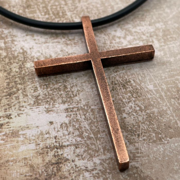 Cross Large Antique Copper Finish Pendant Black Cord Necklace