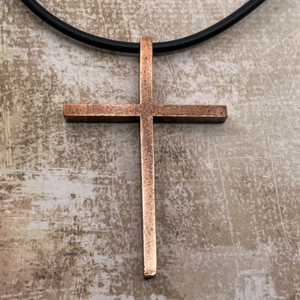 Cross Large Antique Copper Finish Pendant Black Cord Necklace