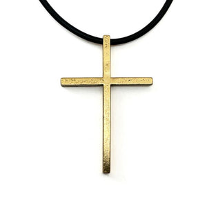 Cross Large Gold Finish Pendant Black Rubber Necklace