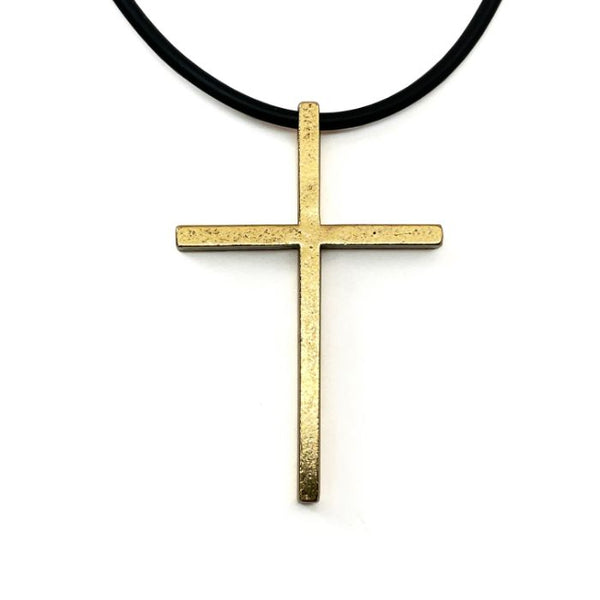 Cross Large Gold Finish Pendant Black Cord Necklace