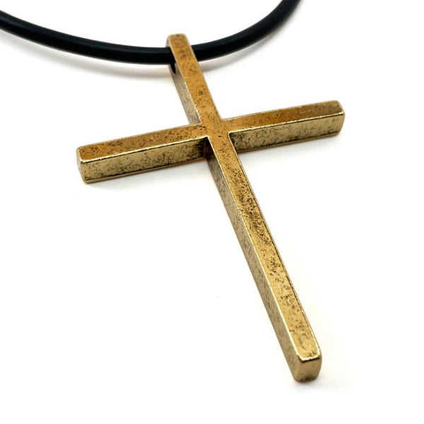 Cross Large Gold Finish Pendant Black Cord Necklace