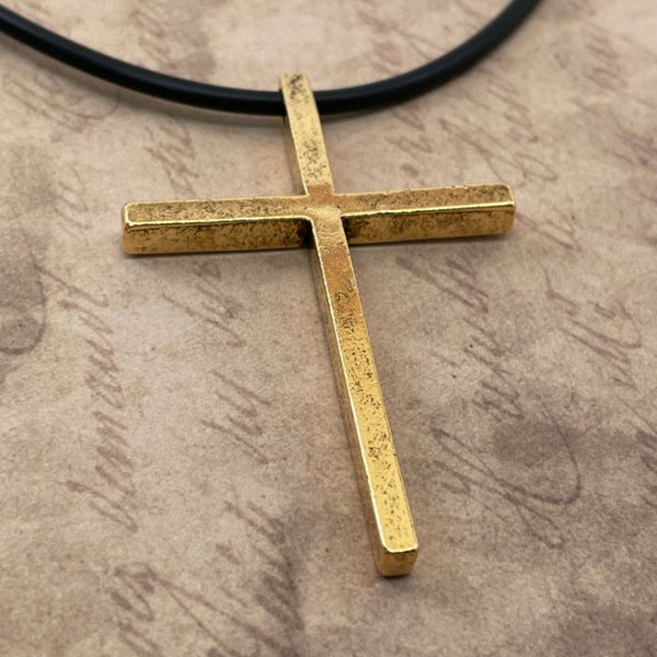 Cross Large Gold Finish Pendant Black Cord Necklace