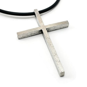 Cross Large Antique Silver Finish Pendant Black Rubber Necklace