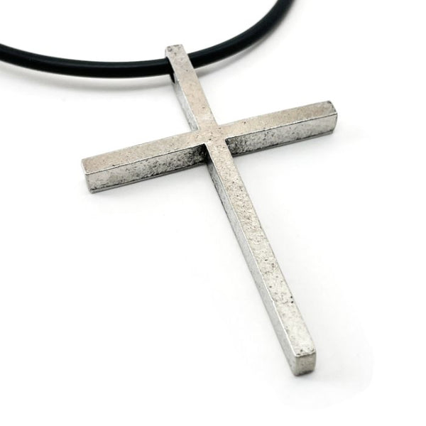 Cross Large Antique Silver Finish Pendant Black Cord Necklace