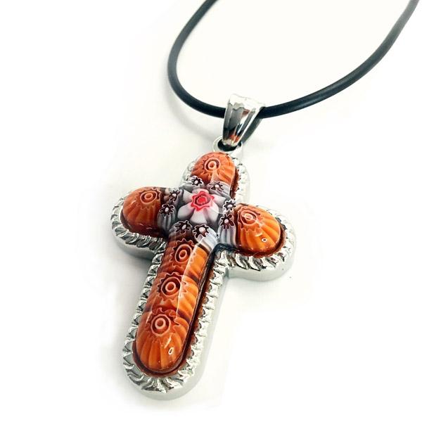 Orange Millifiori Glass Round Cross Choker - Forgiven Jewelry