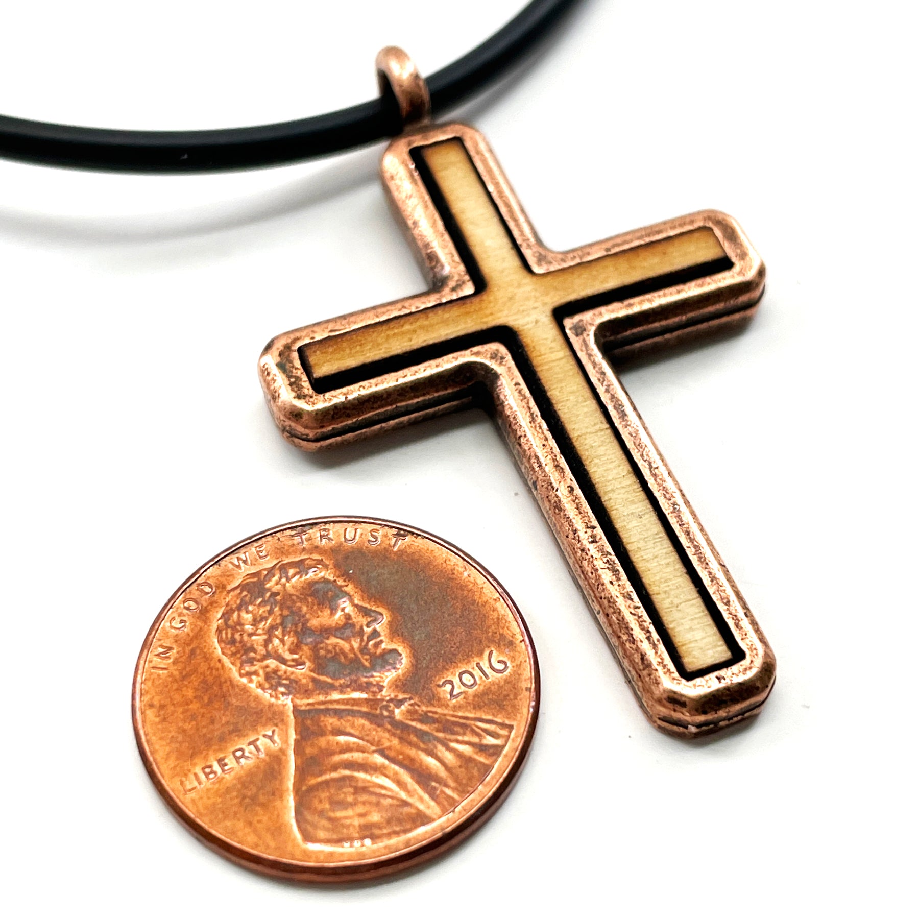 Cross Wood Inlay Antique Copper Pendant Necklace