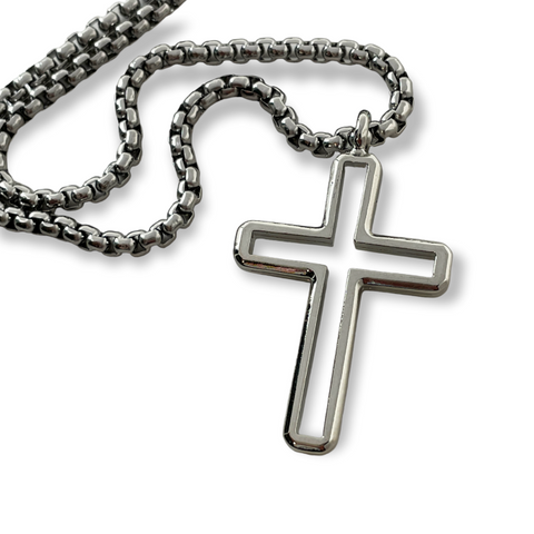 Cross Rhodium Silver Metal Finish Pendant Heavy Chain Necklace